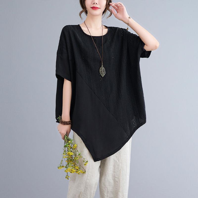 

Корейская летняя женская круглая горловина контрастного цвета топы ажурные пэчворк Irregula повседневная свободная футболка миди с коротким рукавом XXXL