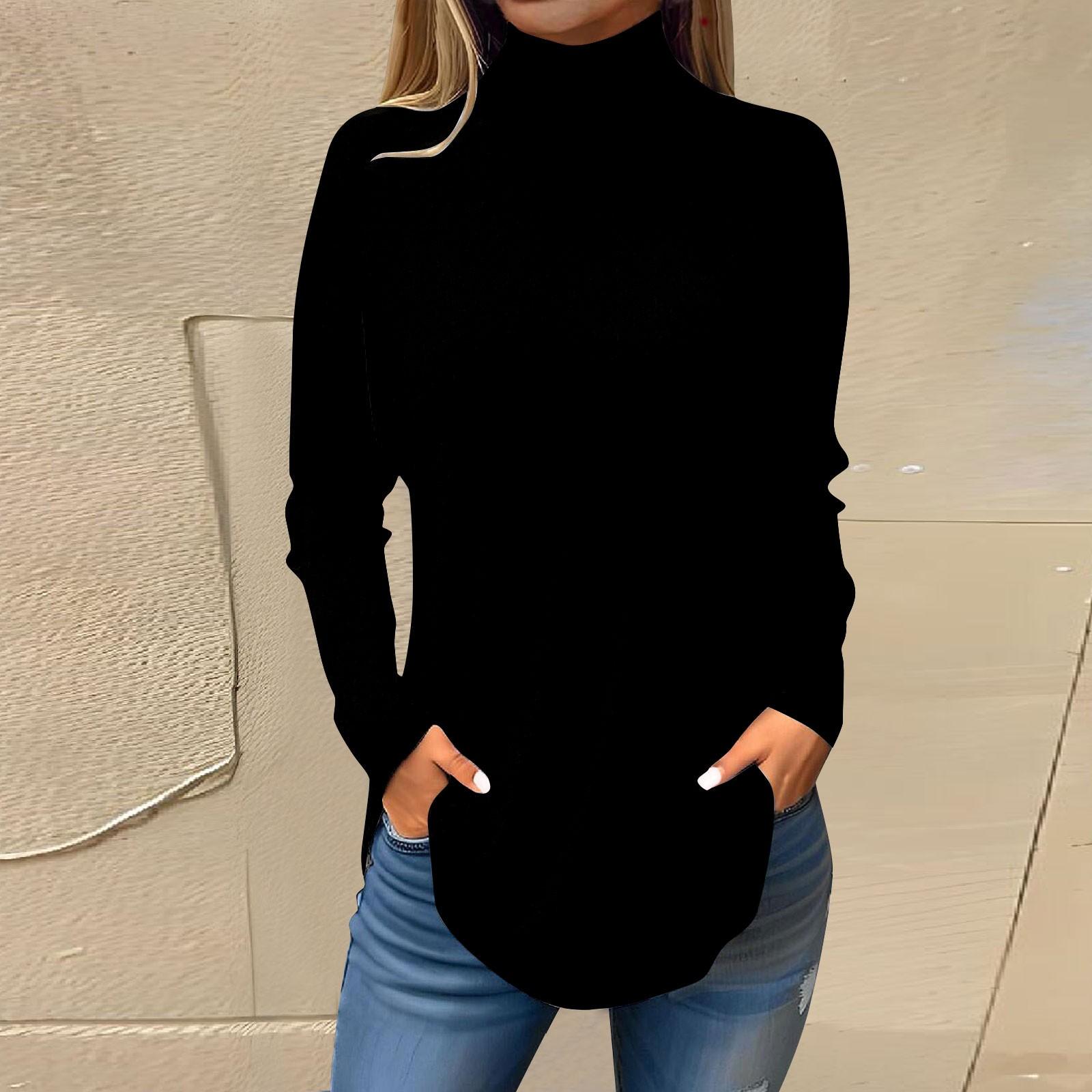 

Футболки для женщин, осенние повседневные рубашки с длинными рукавами, толстовка, однотонный топ с высоким воротом, пуловер XXL чёрный