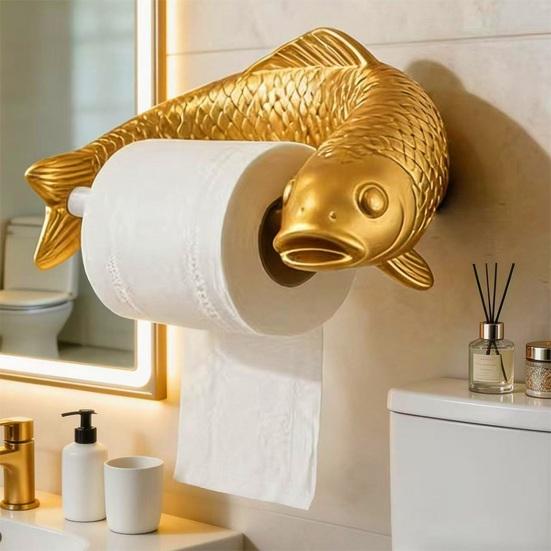 Golden Carp Toilet Paper Holder Wall-Mounted Toilet Roll Holder Decorative Fish Design Paper Towel Dispenser for Bathroom Kitchen Decor