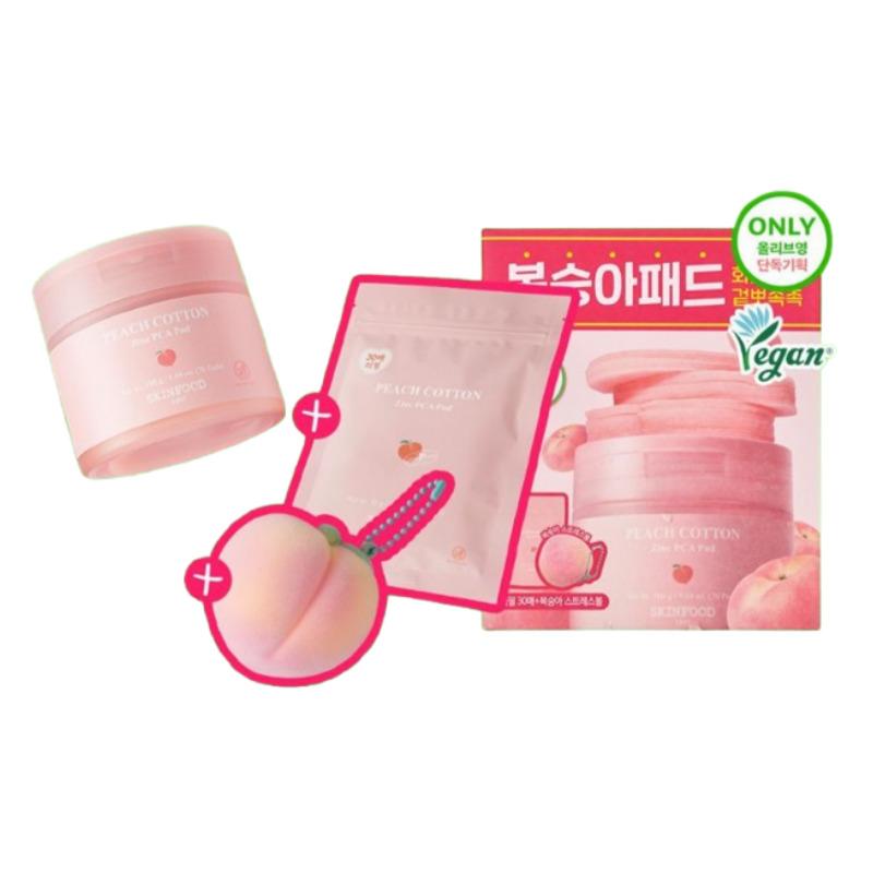 Skinfood Персиковый хлопковый успокаивающий набор пэдов с цинком PCA 70 пэдов + 30 пэдов сменный блок