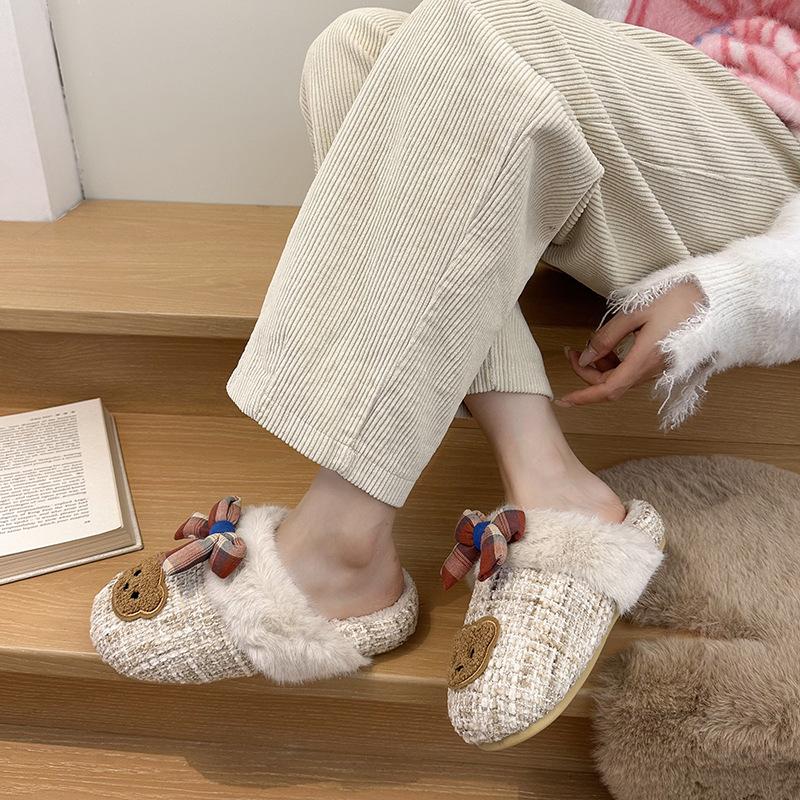 Autumn and Winter New Mao Mao Shoes Women's Shoes Flat Slippers Women's One-word Drag Cute Bear Cartoon Platform Outdoor Velvet To Keep Warm