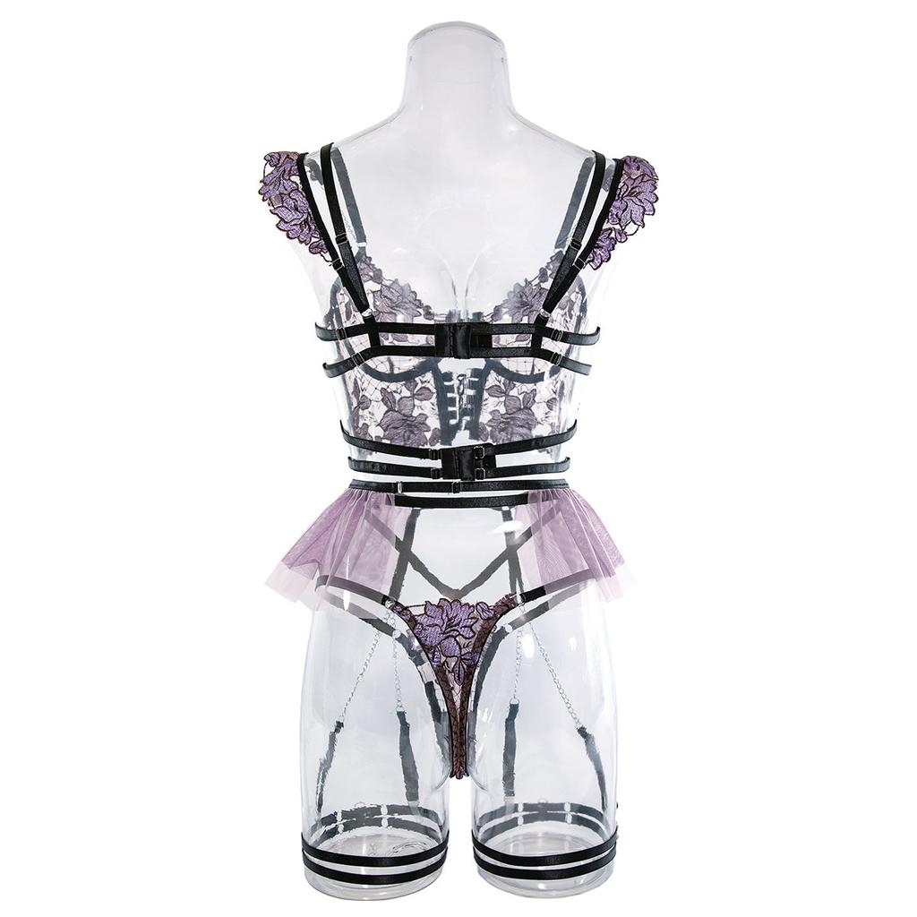European and American Women Lingerie Set Three-Piece Sheer Mesh Embroidered Underwear Set Sexy Bra and Thongs Set