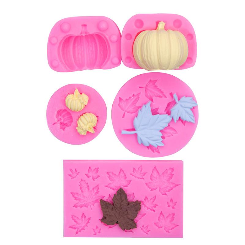 4pcs, Autumn Harvest Chocolate Mold, 3D Silicone Mold, Pumpkin Maple Leaf Shape Candy Mold, Fall Season Fondant Mold, For DIY Cake Decorating Tool