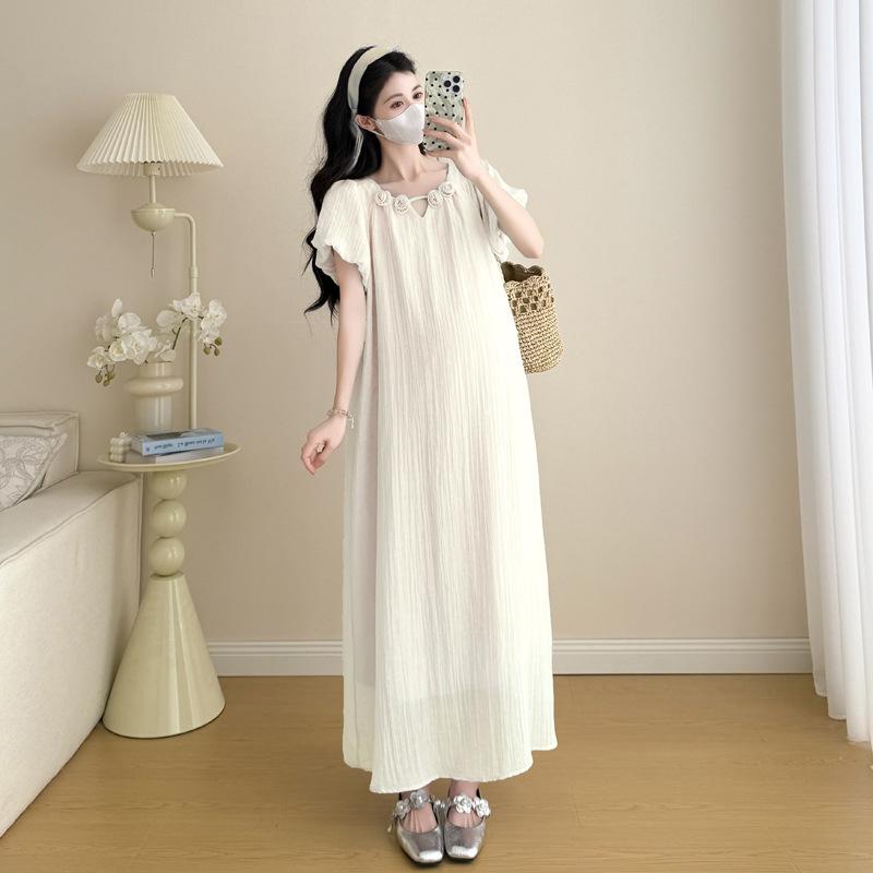 Chic French Tencel Puff Sleeve Maxi Maternity Dress M