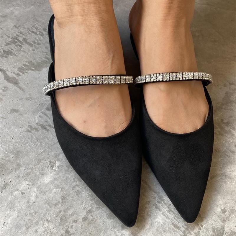 Chengmei Foot Spring Mary Jane Women s Shoes Bright Diamond Half-drag One-word Belt Sandals Women s Summer Wear Pointed Silver Shoes 34