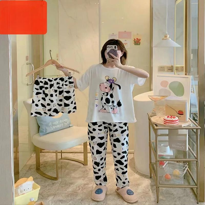 

Пижама из трех предметов, женская, с короткими рукавами, молочный шелк, брюки, шорты, свободная одежда для дома, с буквами, мультяшный медведь, костюм из двух предметов Average