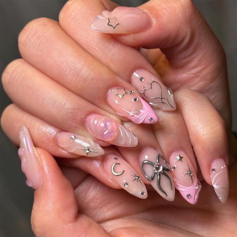

24 Pcs 3D Bows Acrylic Nail with Star Valentines Day False Nail French Tip Stick on Nail Almond Shape Press On Nail 1