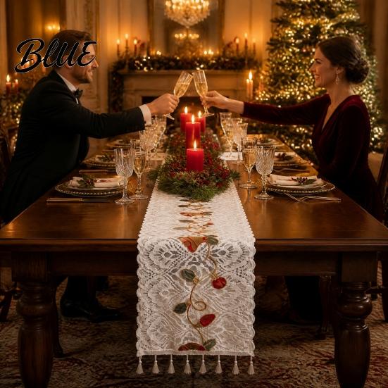 Seasonal Table Runner Christmas Lace with Tassels Embroidered Festive Dining Rustic Cover Decorative Cover for Holiday Parties Durable Runners
