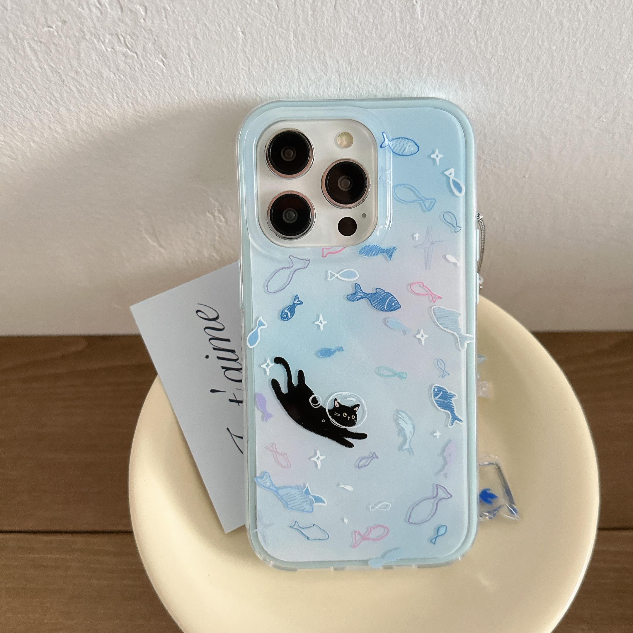 Cute & Dreamy Gradient Blue Colorful Fish & Astronaut Cat Fish Dangle Phone Case for iPhone 17 16 15 14 13 Pro Max Back Cover iPhone 13