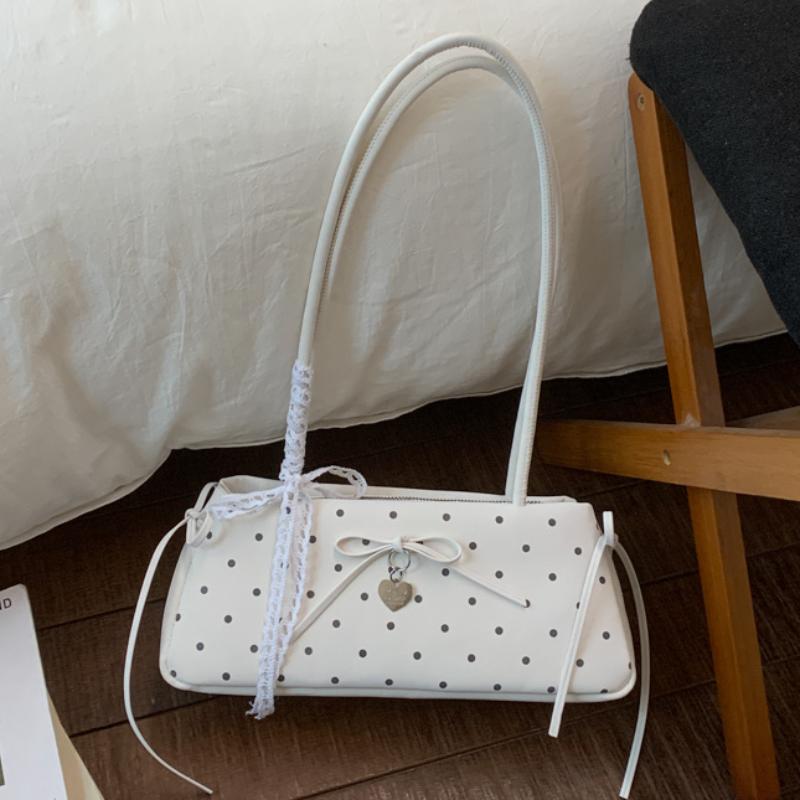 Bow-tie Lace Trim Shoulder Bag Korean Popular Polka Dot Handbags Cute Elegant Underarm Bag Zippered Large-capacity Commuter Bag