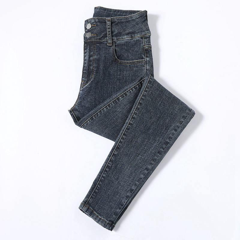 Women's High Waist Elastic Denim Skinny Pants - Double Button Pencil Style for Spring, Autumn, Winter