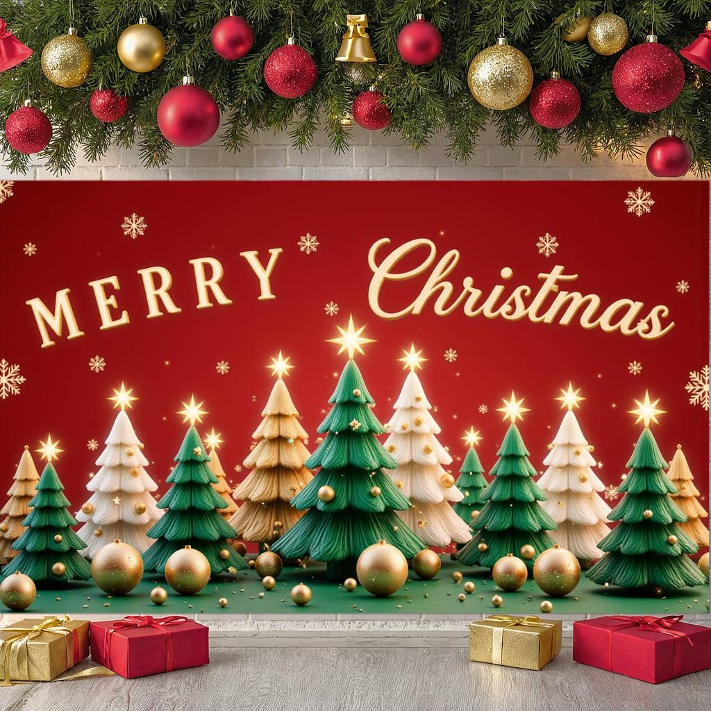 Christmas Event Banner Golden Ornaments Merry Christmas Banner Christmas Photo Banner Colorful Decor For Family Party Indoor