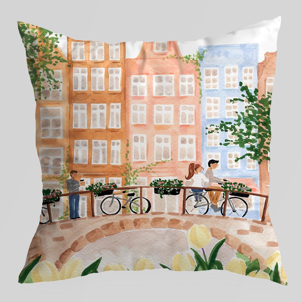 Abstract Green Plant Figures Seascape Pillow Cover Nordic Ink Painting Short Velvet Sofa Car Pillow Cushion Cover