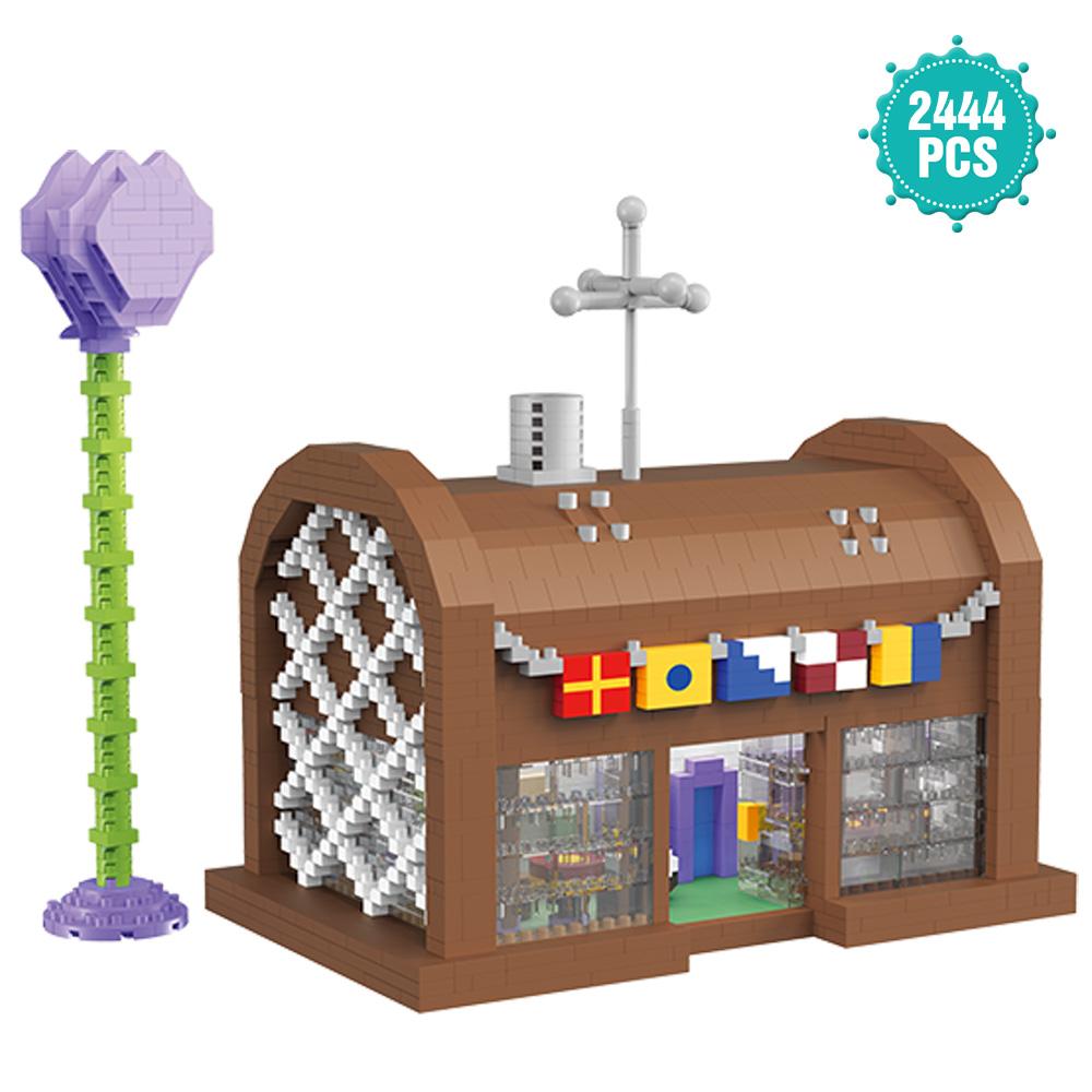 Non-Toxic Spongebob Cartoon Krusty Krab Restaurant Building Blocks Creative Canteen Scenes Model Bricks Desktop Ornaments Toy For Kid Gift