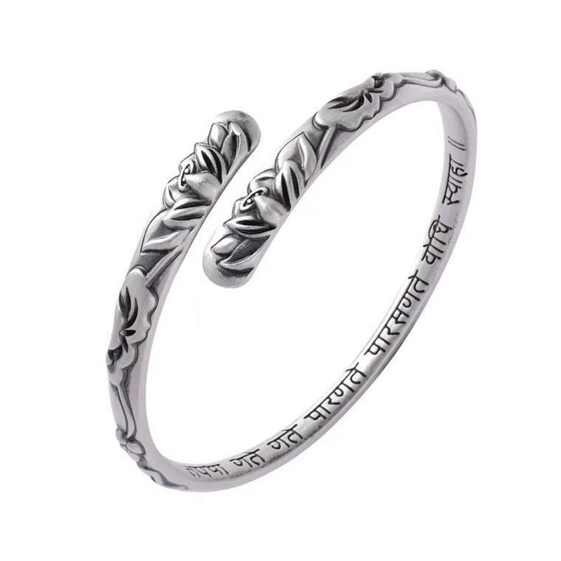 Vintage Thai Silver Lotus Flower Cuff Bracelet for Women Girl Ethnic Fashion New Jewelry Party Lady Gift Pulseras Mujer