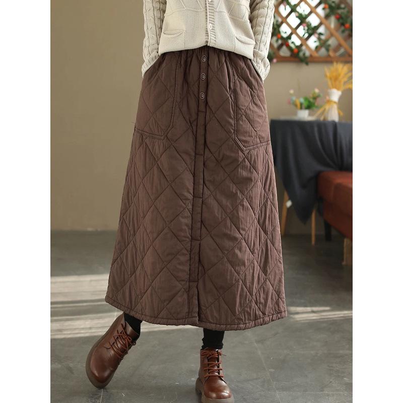 Vintage Diamond-Quilted Padded Winter Skirt with Pockets - Slimming, Warm, and Versatile Cotton Half Skirt for Women