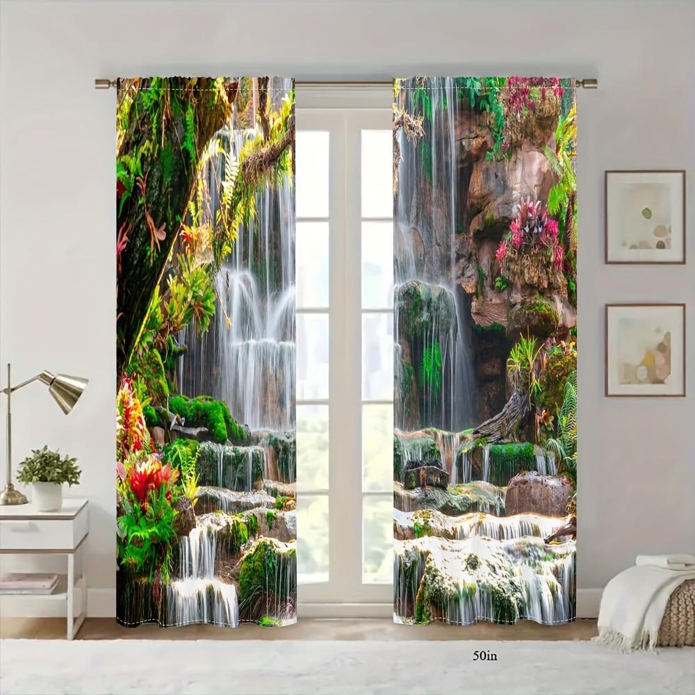Set Of 2 Vibrant Waterfall Nature Print Curtains Privacy Polyester Living Room Bedroom Tropical Home Decor Curtain With Light Blocking Perfect For