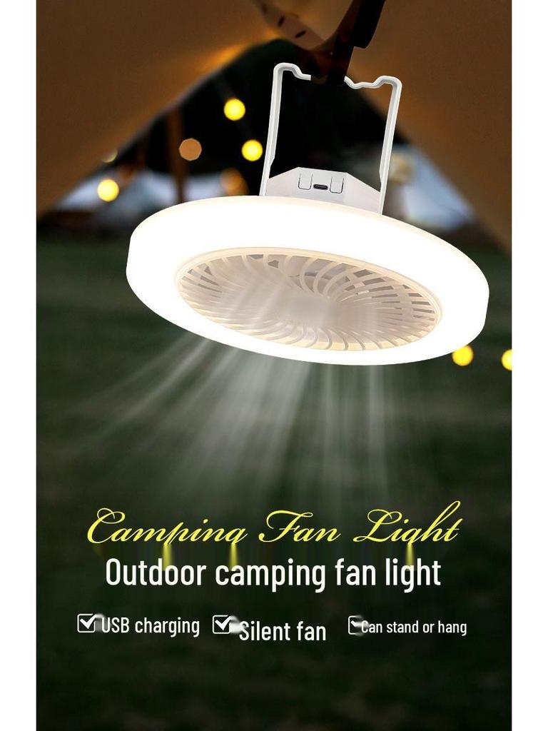 Portable Camping Ceiling Fan with Super Bright Light, USB Rechargeable, Three-Color Dimming, and Powerful Wind.
