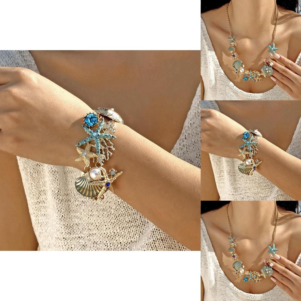 Ocean Starfish Necklace And Bracelet Set With Zinc Alloy Charm For Summer Fashion Women