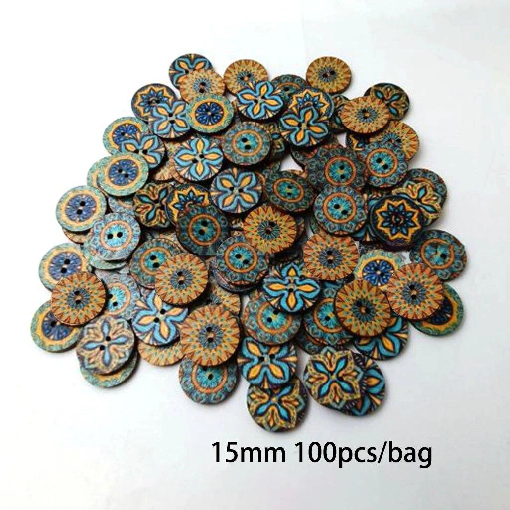 

100 шт. круглых винтажных пуговиц с двумя отверстиями 15 мм для украшения одежды, разноцветные деревянные пуговицы, швейные принадлежности для самостоятельного изготовления