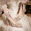 Fashion High Heels Women Silver Chunky Glass Slipper Wedding Shoes Two Wear Gold Mid-Heel Bridesmaid Shoes