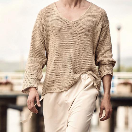 Men Sweater V Neck Easy To Match Breathable Elastic Comfortable Knit Long Sleeves Loose Pullover Fall Sweater Men Clothes