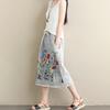 Women Midi Skirt Elastic Drawstring Waist Embroidery Flower Pattern Denim Skirt with Pockets Side Split Hem Skirt