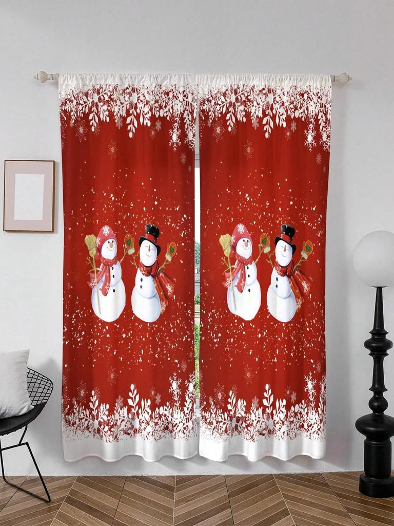 Christmas Santa Claus Curtains Set Polyester Festive Red Bedroom Doorway Drapes, Landscape and Flowers Design for New Year Decor