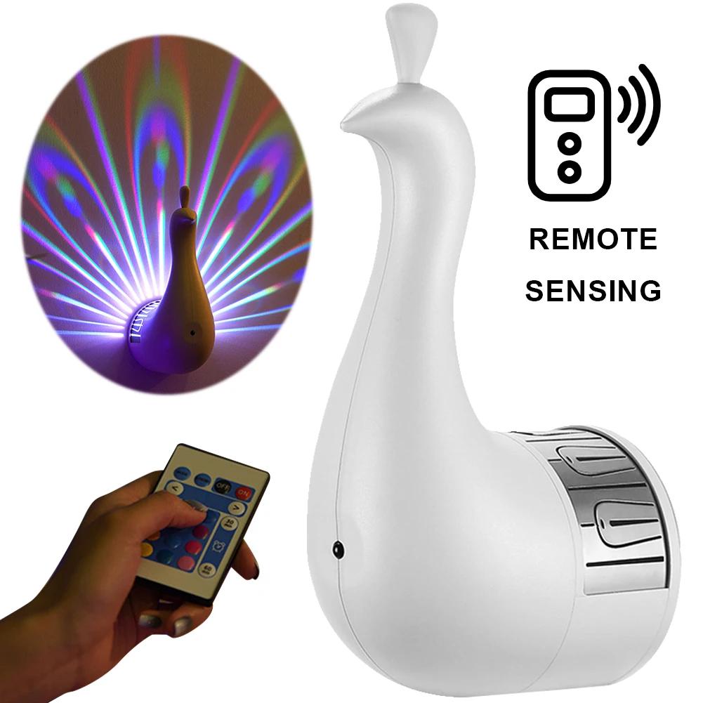 

LED Peacocks Wall Lamp Colorful Projector Night Light with Remote Control USB Charging Bedside Lamp 3D Body Animal Lighting