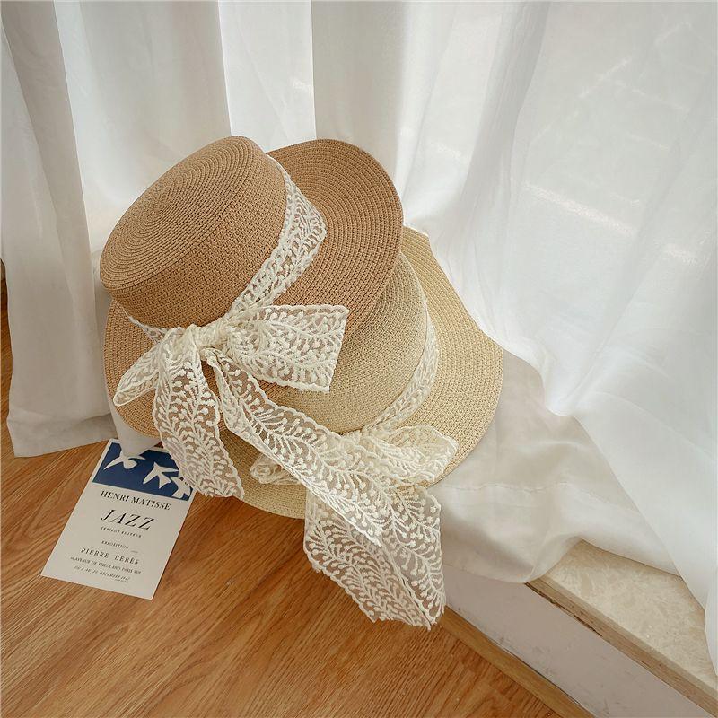 Straw Hat, Countryside Fashion, Versatile, Flat Top Lace Sun Hat, Straw Woven Travel Sun Hat, Sun Protection