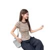 American retro contrasting color crew neck striped front shoulder short-sleeved t-shirt women's summer undershirt slim-fitting top