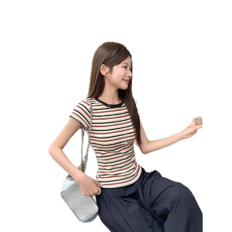 American retro contrasting color crew neck striped front shoulder short-sleeved t-shirt women's summer undershirt slim-fitting top