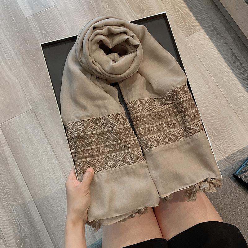 

Женский шарф с кружевной вставкой, дорожная шаль от солнца, летний модный шарф в этническом стиле