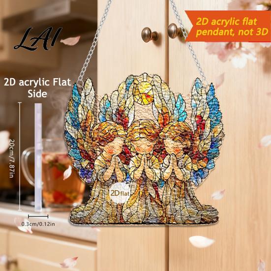 Transparent Acrylic Window Art Moon-Shaped Wreath Hanging Ornament Butterfly Angel Floral Stained Glass Style Mosaic Daily Home Furnishings