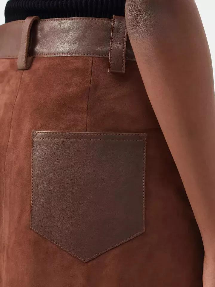 Lammskinnsläder Casual Stilfull Party Dam Suede Kjol Brun Lång Handgjord Äkta