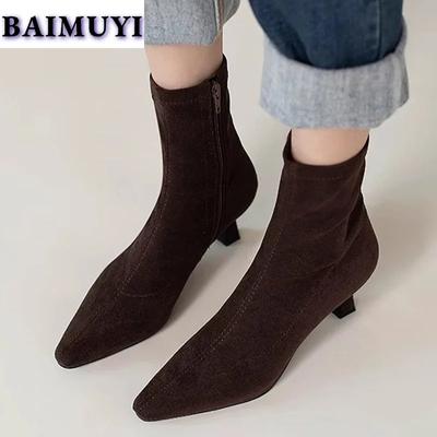 Bottines en daim à bout pointu pour femmes Sexy Talons moyens Chaussures Tendance 2024 Automne Hiver Bottes de neige Femme Mode Élégant Mujer Zapatos