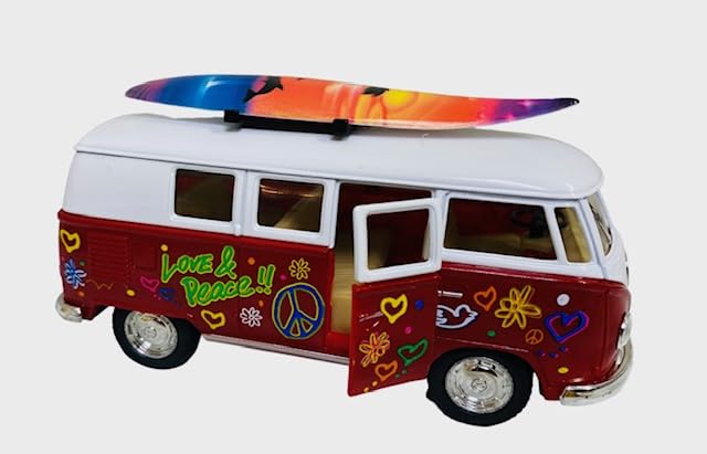Kinsmart 1/32 Scale Diecast Car (Kinsmart) 1962 Volkswagen Bus Love & Peace with Surfboard, Red