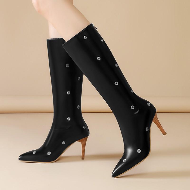 Fashion Temperament Stiletto High Boots Women's Fashion Pointed Toe Suede Studded Rear Zipper Anti-Slip Wear-Resistant High Heels