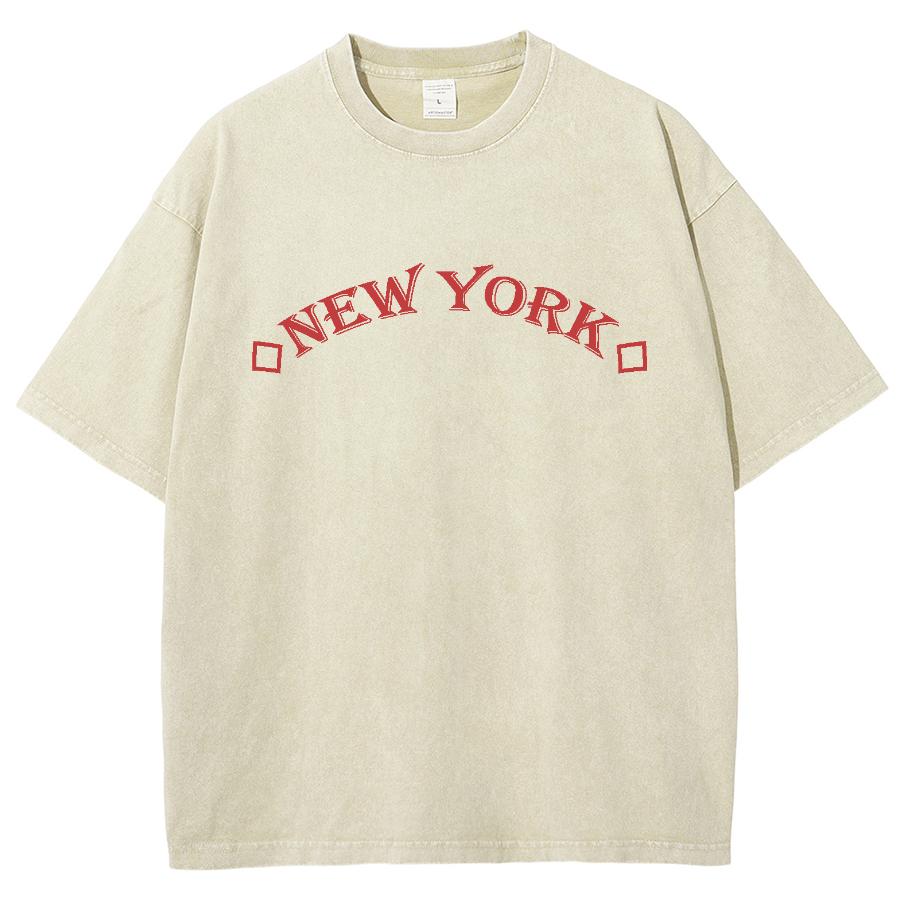 Red New York Letter Print Women's T-Shirt Unisex Washed Cotton High Quality Short Sleeve Statement Top