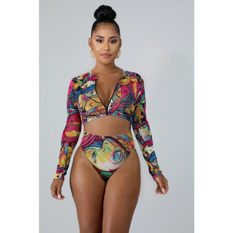 New long-sleeved zipper bikini high-waisted women's split swimsuit conservative sunscreen beach swimsuit fashionable