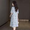 Women's Printed Linen Lapel Midi Dress