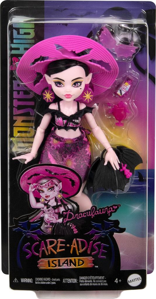 Monster High Scare-adise Island Draculaura Doll with Swimsuit, Sarong and Beach Accessories Like Hat, Sunscreen, and Tote Topaka GJ