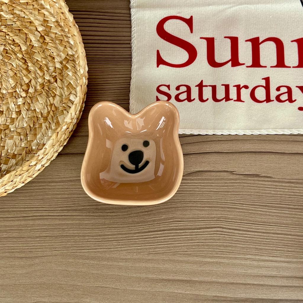 Adorable Ceramic Sauce Dish with Cute Dog & Bear Design - Single/Double Compartment Dip Bowl for Condiments, Snacks, Sushi, Soy