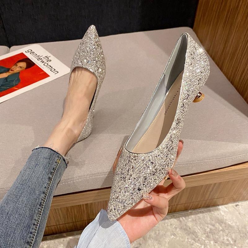 Celebrity Gold High Heels Design Temperament Pointed Single Shoes Women's New Elegant Mid-heel Shoes