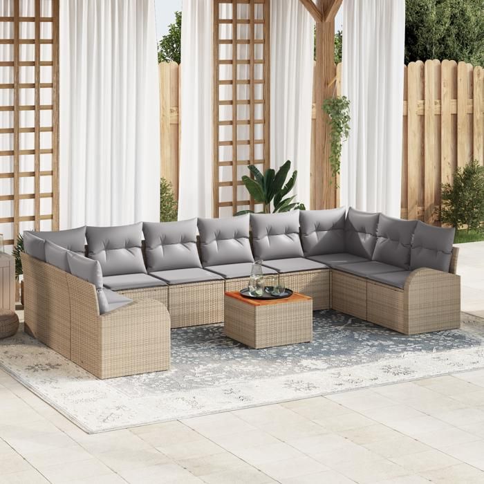 VidaXL Ensemble de Canapé de Jardin de 11 Pièces avec Coussins Beige Rotin Synthétique Acacia 3356299