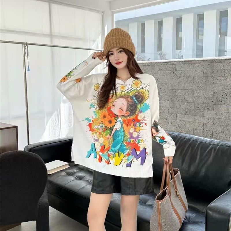 Korean Style Cartoon Print Rhinestone Round Neck Long Sleeve Pullover Sweater for Women - Cute Loose Autumn Winter Knitwear