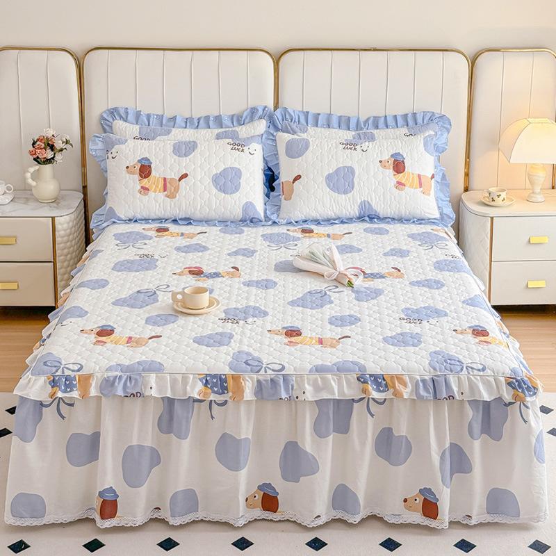 Thickened Pure Cotton Padded Bed Skirt Bedspread Cotton Padded Ruffle Edge Protection Non-slip Pillowcase Bedspread Cover