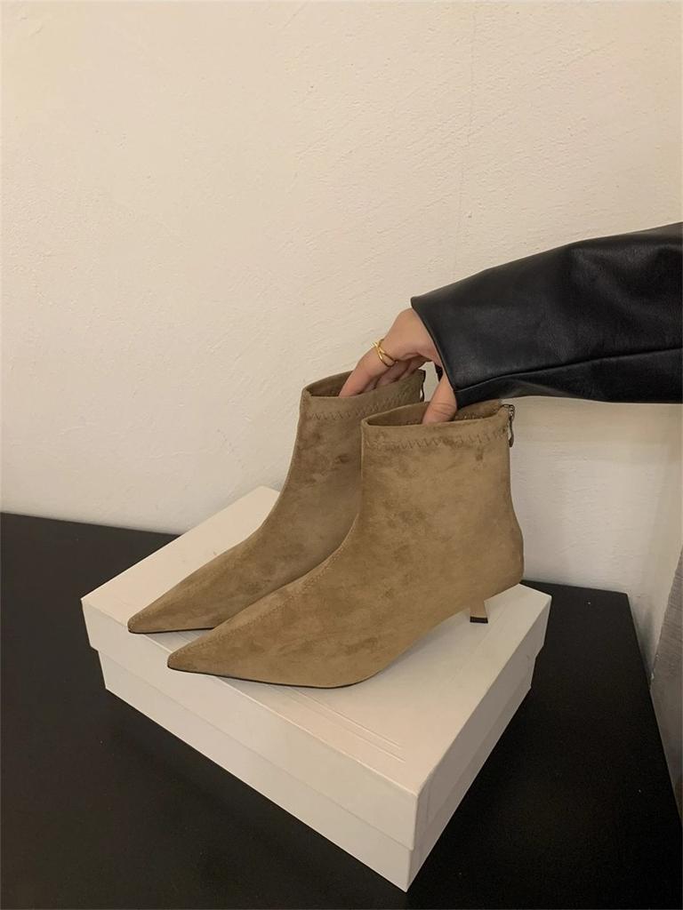 Korean Version of Polished Single Boots Pointed Fashion Boots Thick Mid-heel Short Boots Women's 2025 Fashion Versatile Rear Zipper Thin Boots