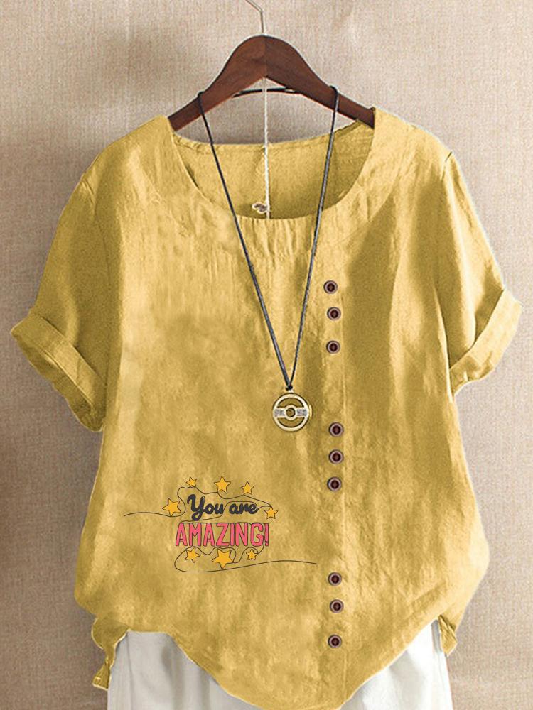 Women's Fashion Letter Print Round Neck Short Sleeve T-shirt Casual Cotton Linen Graphic Shirt Leisure Loose Summer Blouse Tops