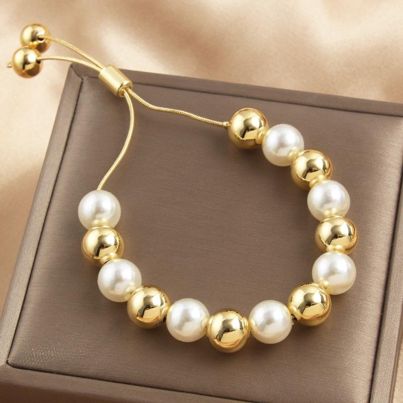 Pearl Stacked Bracelet, 18k Gold Plated, Pull-through Adjustable Bangle, Fashionable and Exquisite Jewelry